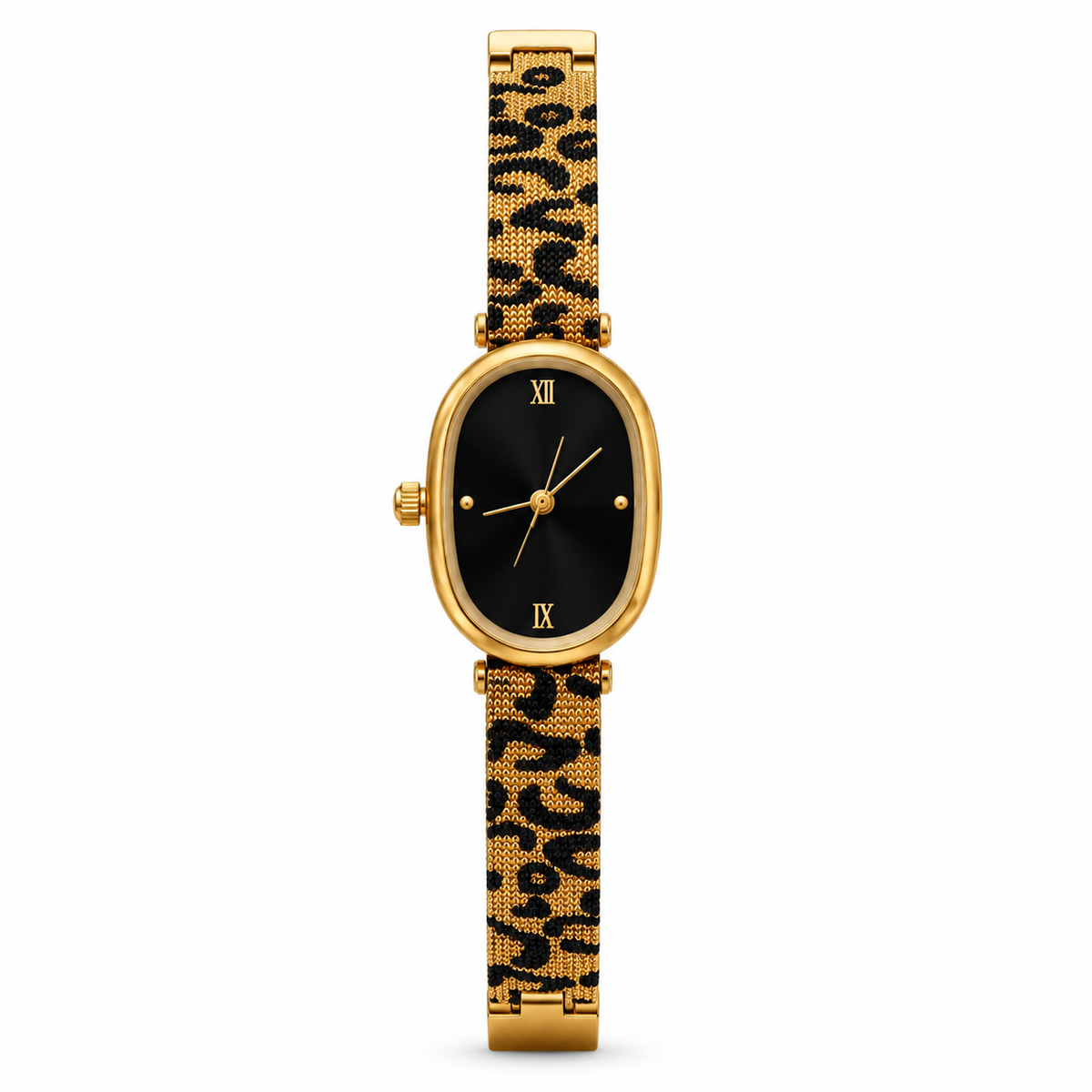 Montre Wild Dorée – Cadran Noir & Bracelet Léopard