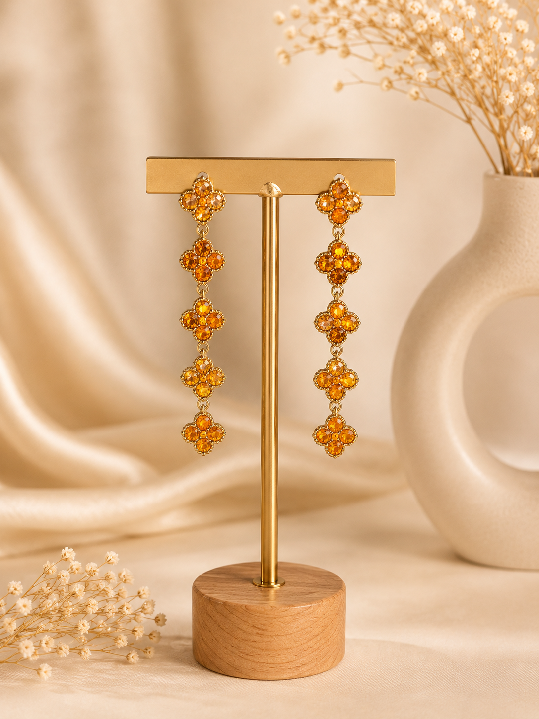 Boucles d'Oreilles Trèfles Cristal Ambre – Longues Pendantes