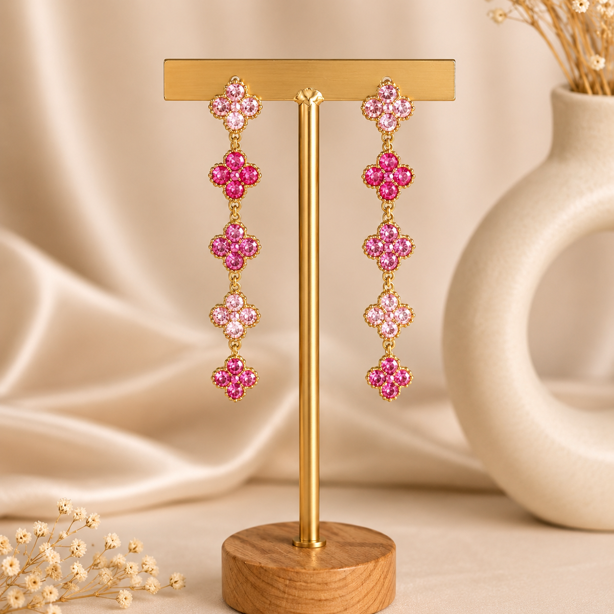 Boucles d'Oreilles Trèfles Cristal Rose – Longues Pendantes