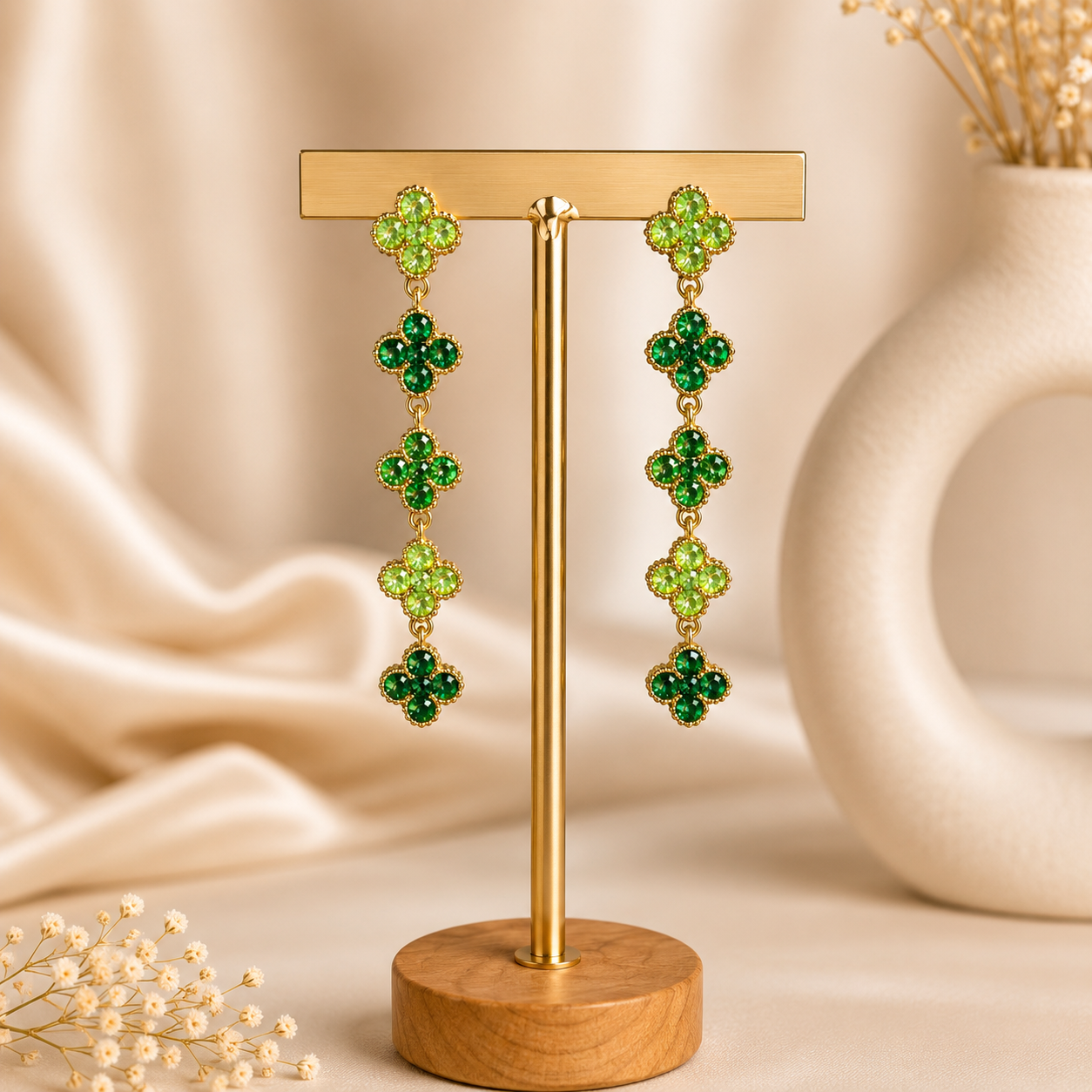 Boucles d'Oreilles Trèfles Cristal Vert – Longues Pendantes