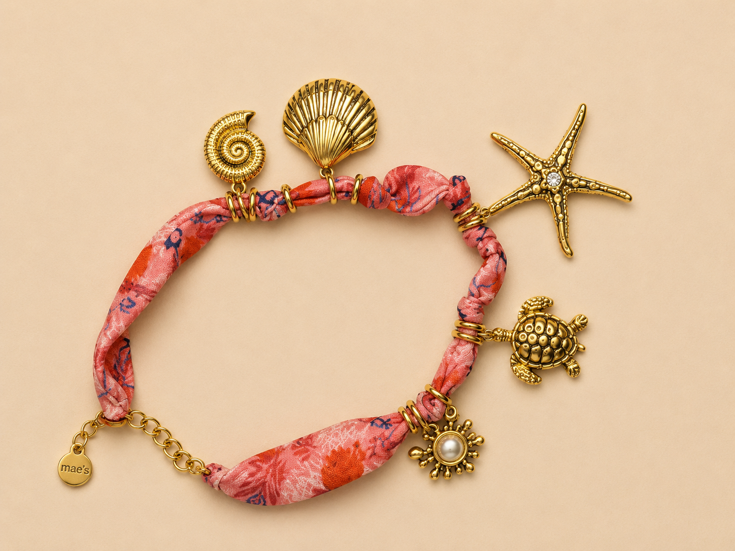 Collier Tissu Fleuri Rose Charms Marins Mae's