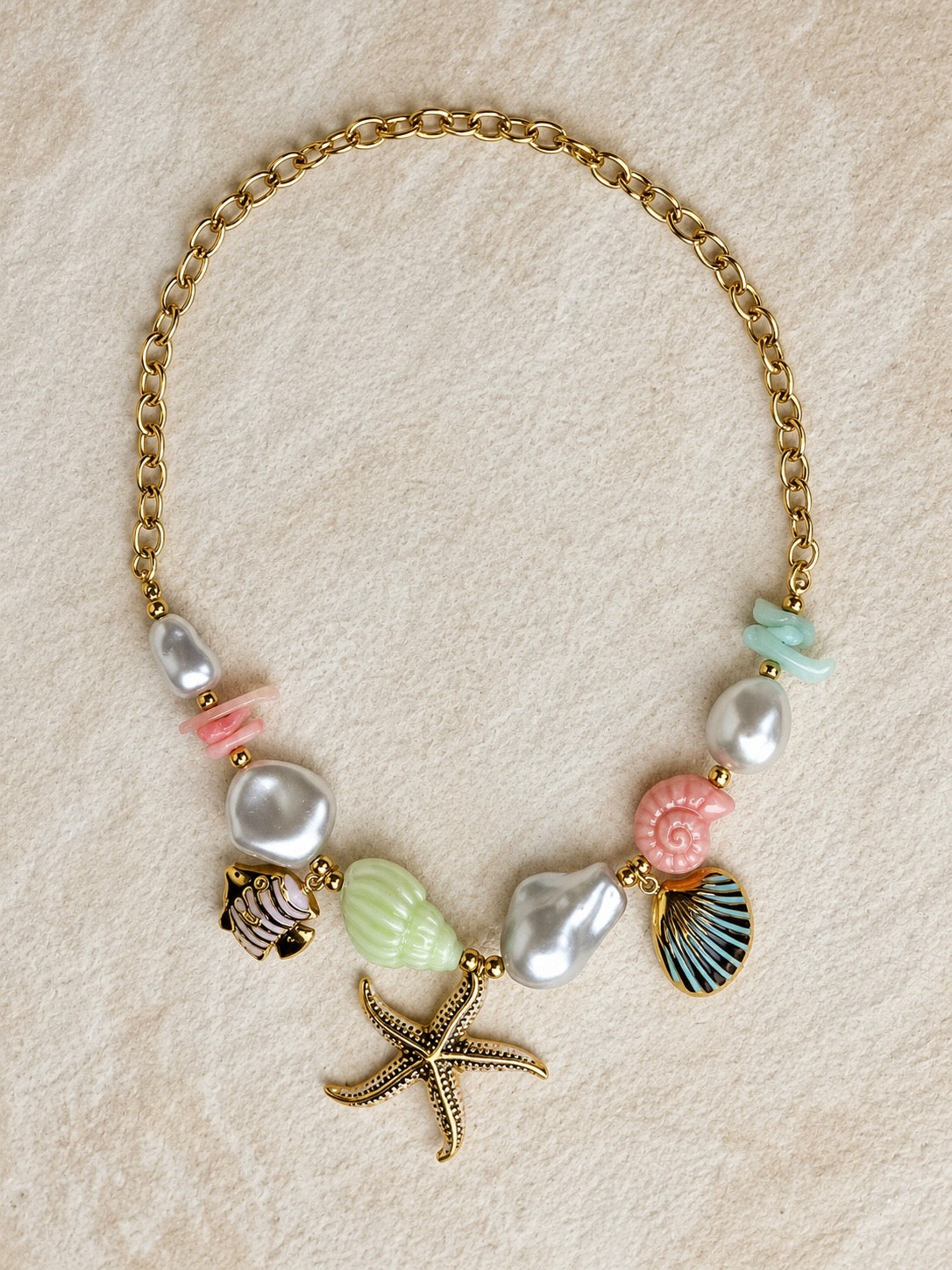 Collier Chaîne Dorée Perles Baroques & Coquillages Pastels