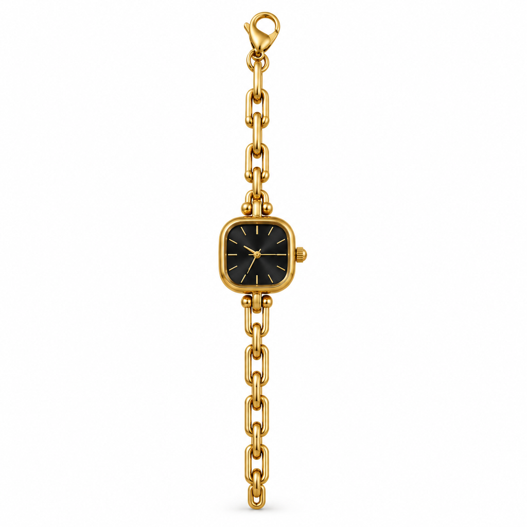 Montre Élise – Cadran Noir & Maillons Dorés